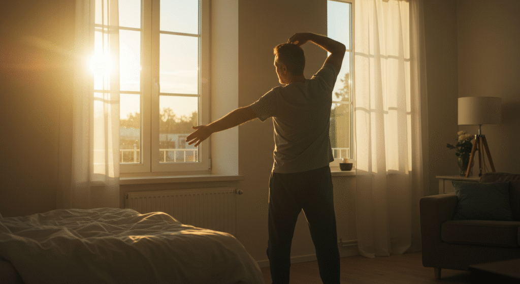 Homem se espreguiçando ao amanhecer após noite de sono restaurador, simbolizando vitalidade e saúde
