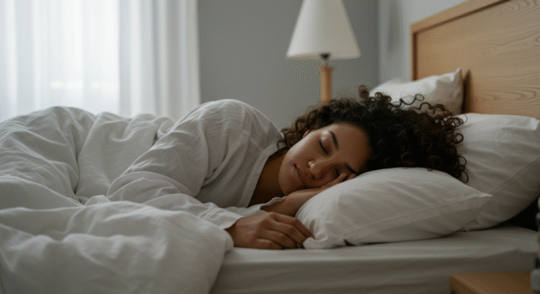 Mulher dormindo profundamente em ambiente aconchegante, representando os benefícios do sono para a saúde