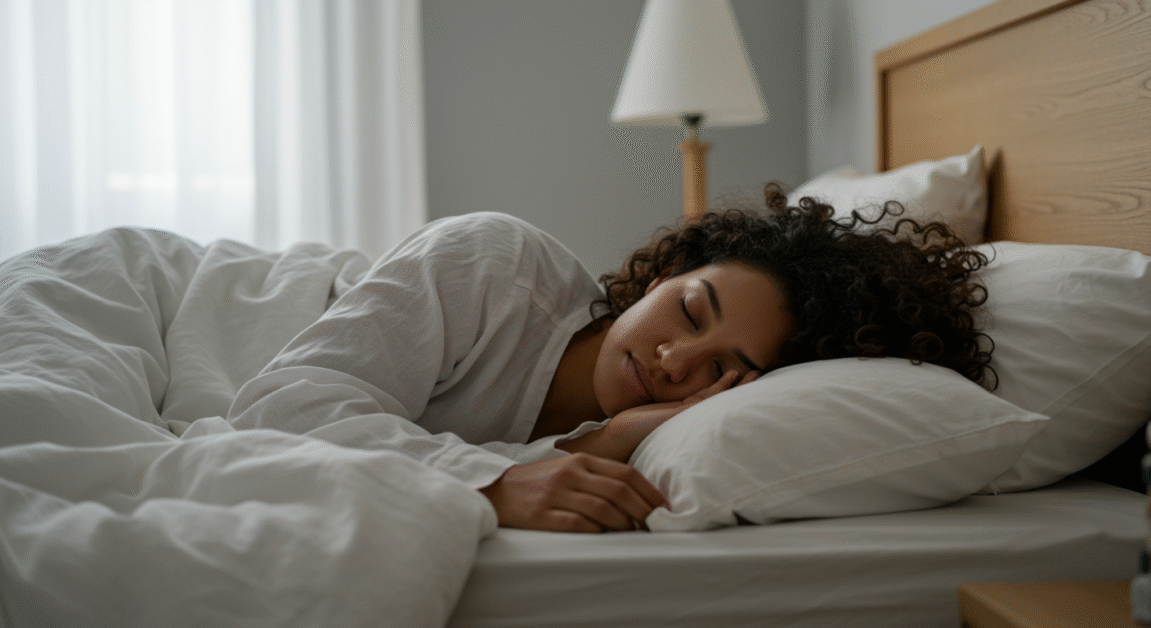 Mulher dormindo profundamente em ambiente aconchegante, representando os benefícios do sono para a saúde