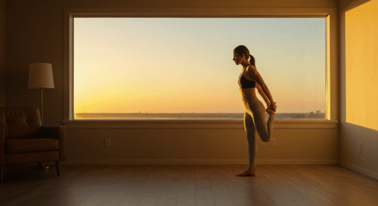 Pessoa alongando-se calmamente diante da janela ao amanhecer, simbolizando o início da reformulação do cotidiano