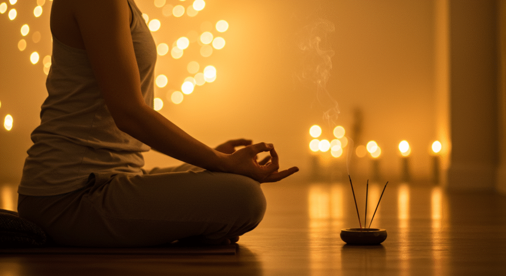 Pessoa meditando com incenso ao fundo, simbolizando conexão interior e bem-estar emocional