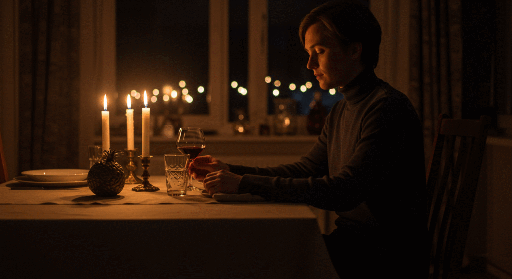Pessoa jantando sozinha à luz de velas, simbolizando reinvenção e acolhimento em tempos de solidão