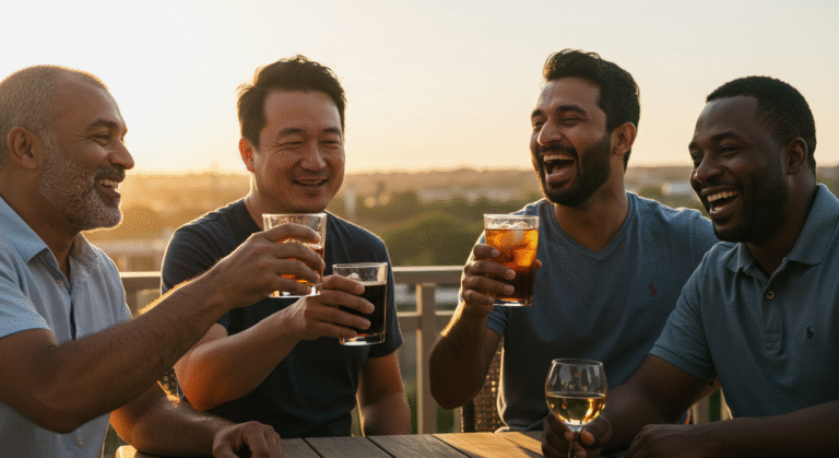 Homens de meia idade, sorrindo e brindando.