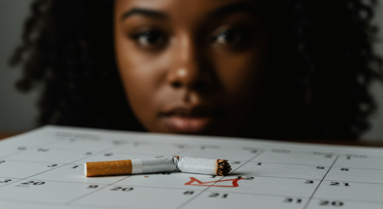 Cigarro quebrado sobre calendário marcado, simbolizando progresso no processo de parar de fumar