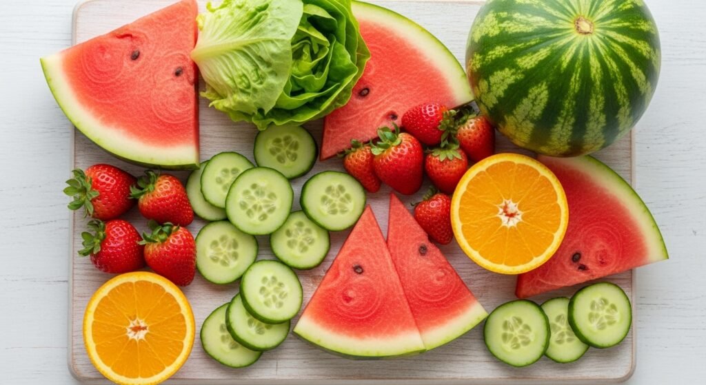 Frutas e vegetais ricos em água.