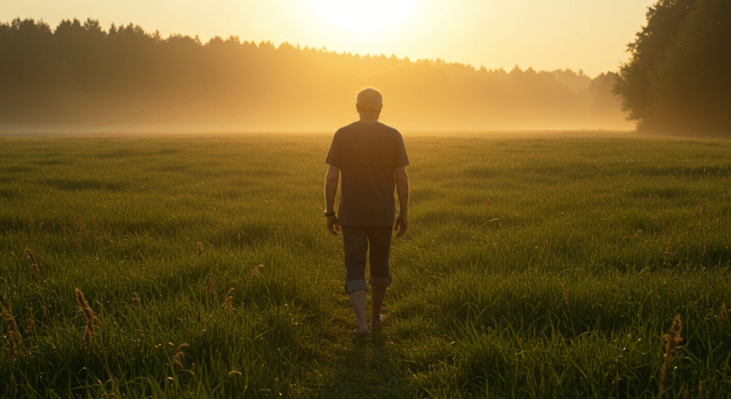 Homem caminhando lentamente na grama ao amanhecer, representando a atenção plena e a simplicidade da meditação