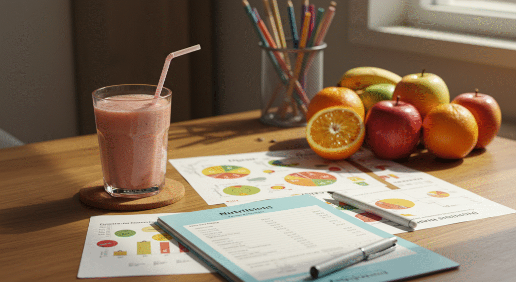 Mesa com diário alimentar, frutas e gráficos de nutrientes, simbolizando o diagnóstico nutricional personalizado