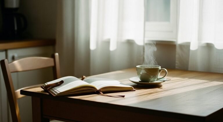 Mesa de café da manhã iluminada pelo sol, com chá e caderno, representando o início de uma rotina matinal saudável