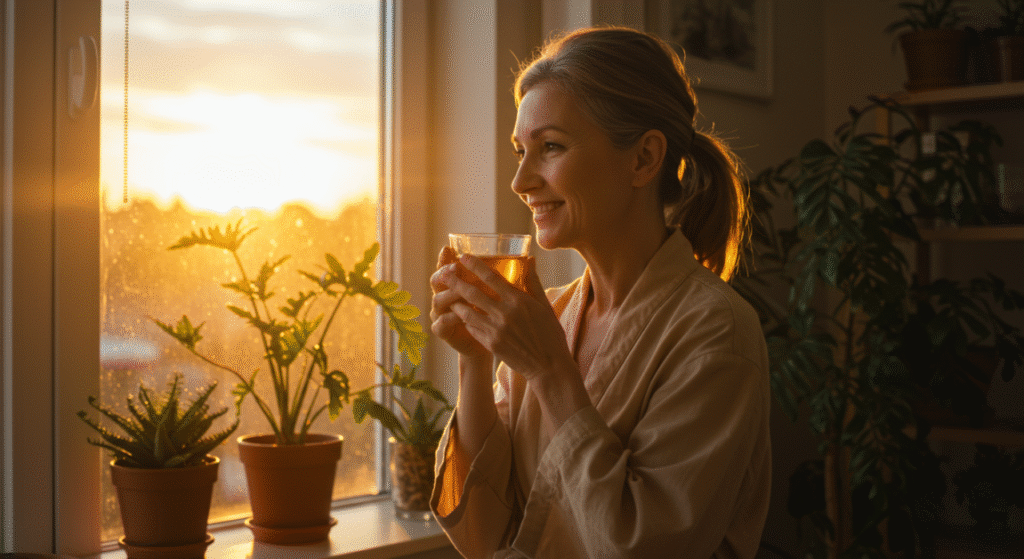 Mulher madura tomando chá ao amanhecer, simbolizando a rotina saudável e os efeitos dos chás no bem-estar