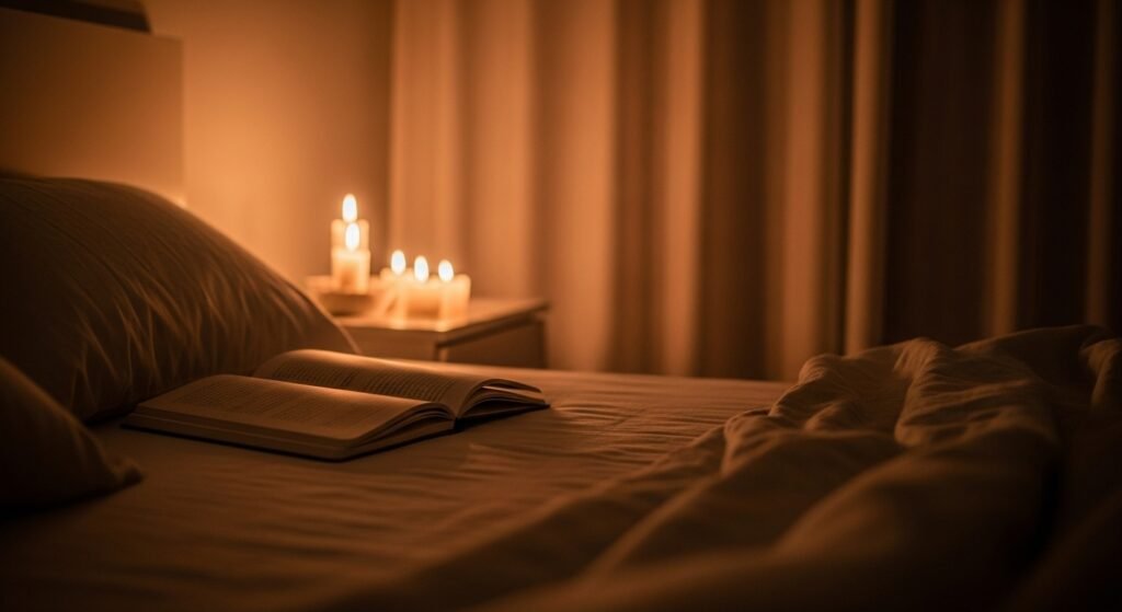Quarto iluminado com velas e diário na mesa de cabeceira, simbolizando ritual noturno consciente.