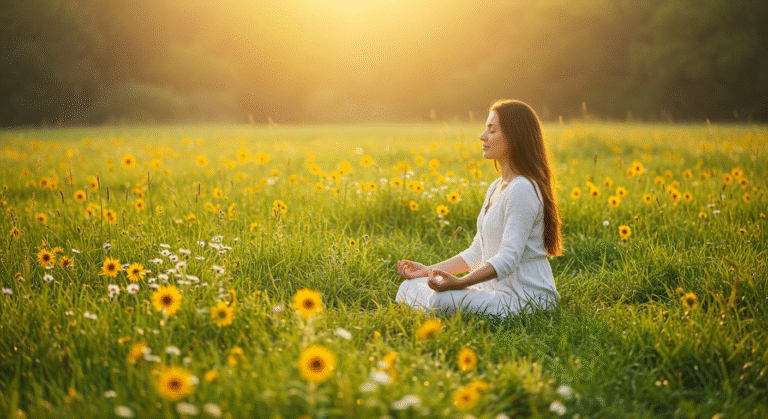 Mulher meditando em um campo verde e florido, inspirando paz interior