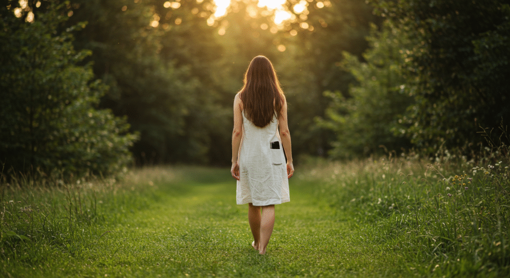Pessoa caminhando na natureza ao entardecer, em momento de pausa das redes sociais para cuidar da saúde mental