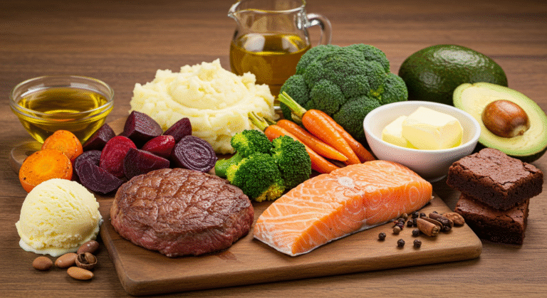 Mesa com variedade de comidas saudáveis