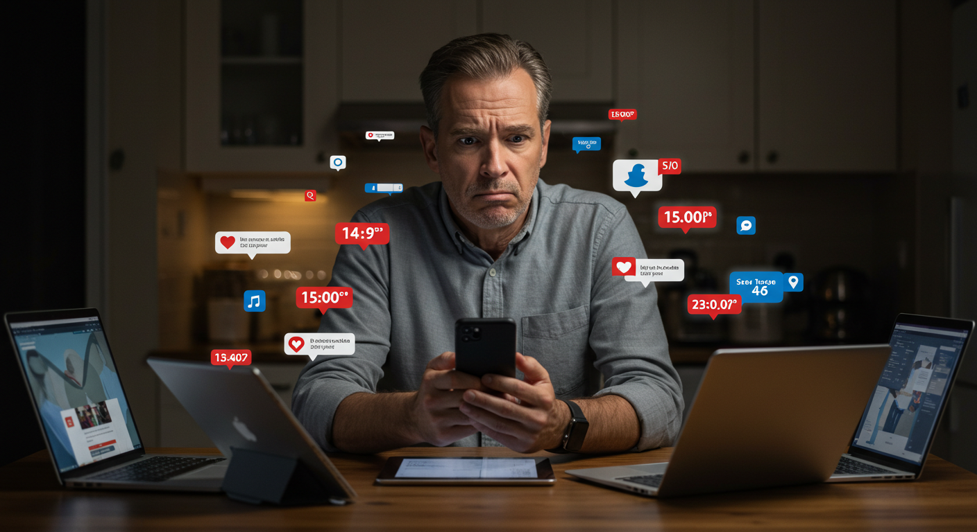 Pessoa sobrecarregada pelas redes sociais