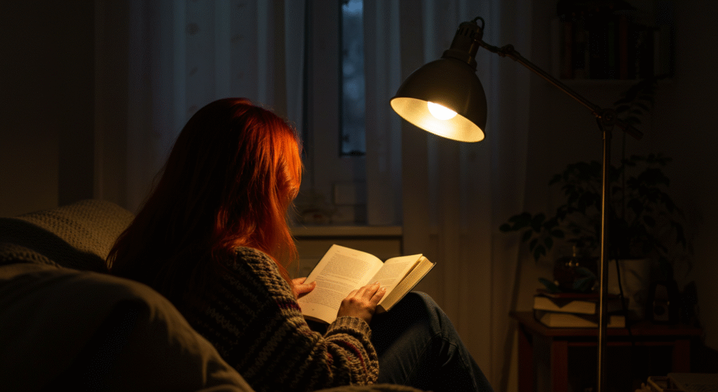Pessoa lendo um livro à luz de um abajur