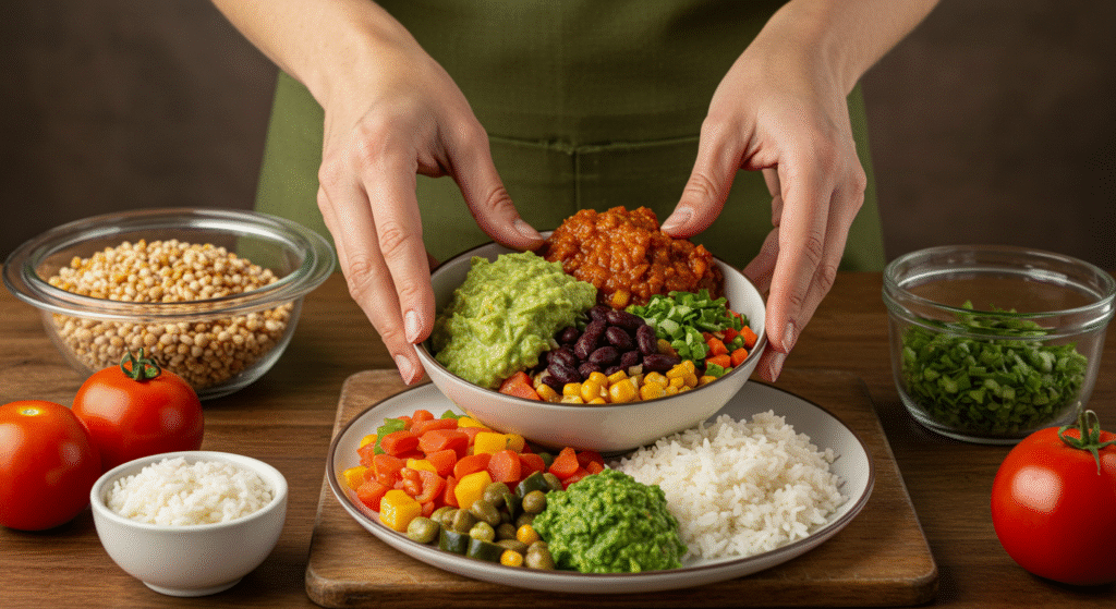 Pessoa preparando uma refeição saudável com alimentos frescos.