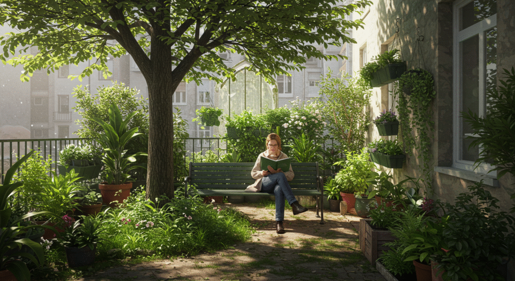Pessoa em um pequeno espaço verde em ambiente urbano, representando conexão com a natureza na cidade.