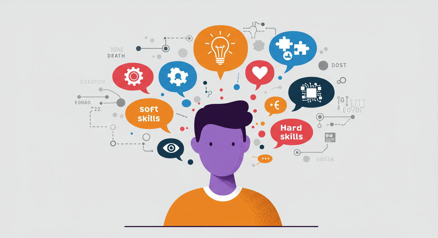 Pessoa com ícones de soft skills, futuro do trabalho.