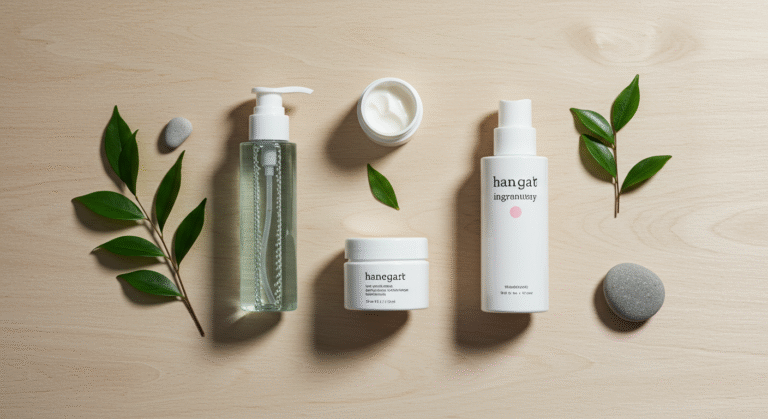 Disposição minimalista de produtos de skincare essenciais e elementos naturais.