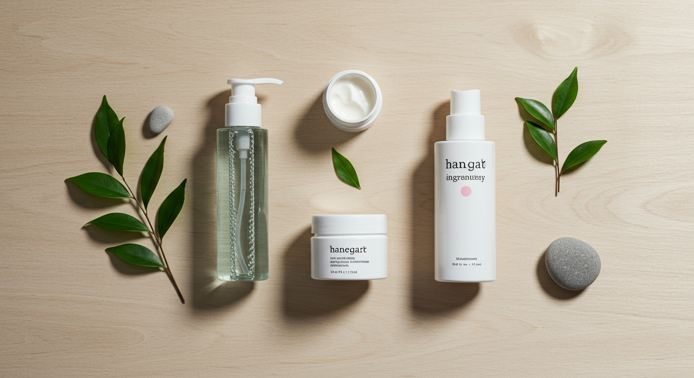 Disposição minimalista de produtos de skincare essenciais e elementos naturais.