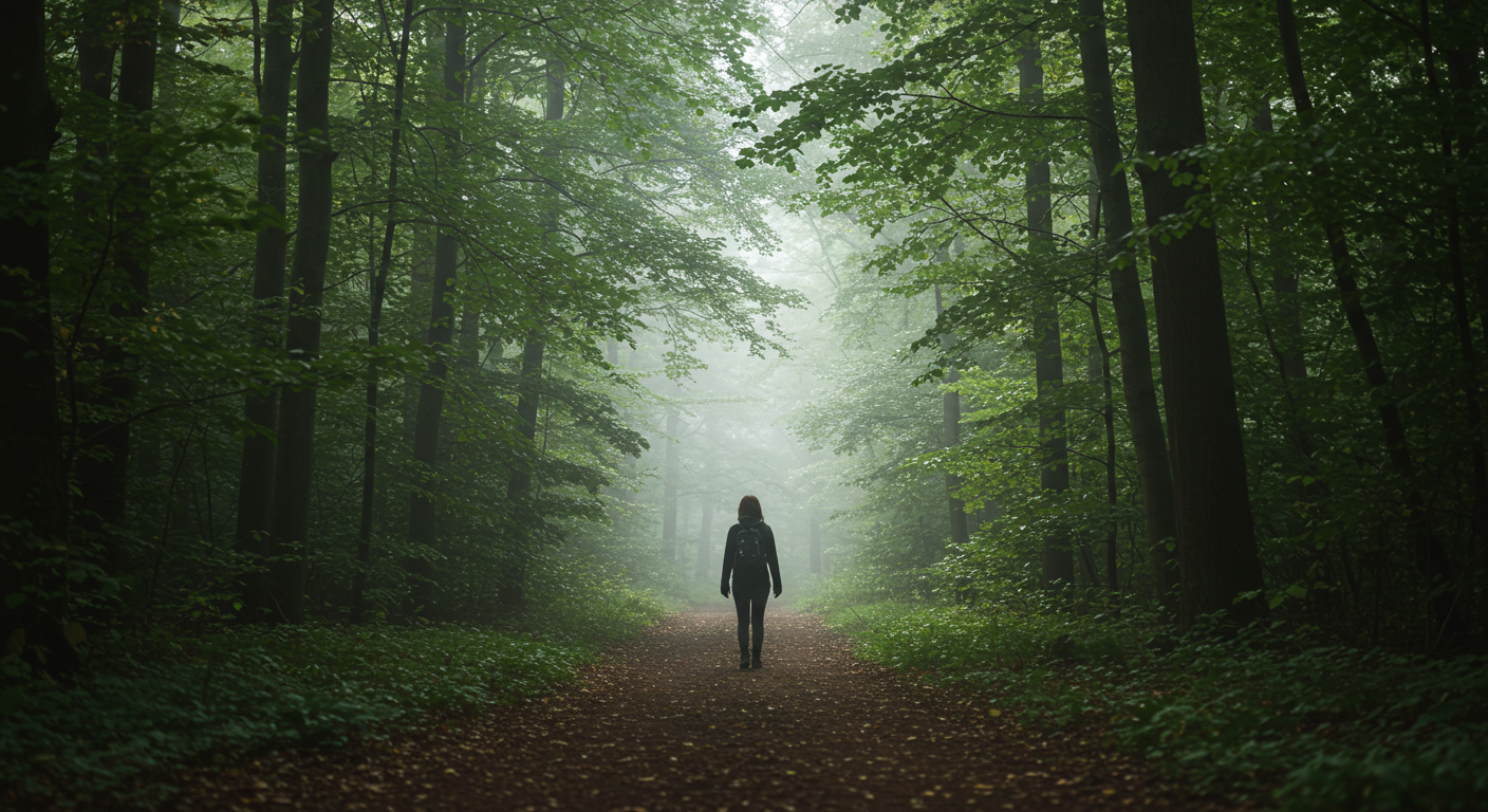 Pessoa caminhando em uma floresta exuberante com luz natural.