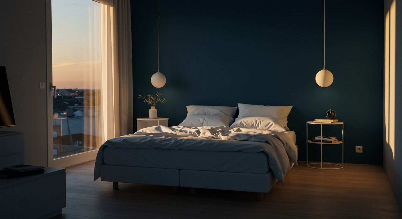 Quarto minimalista com cama arrumada ao entardecer, ambiente calmo, cores fortes, alto contraste