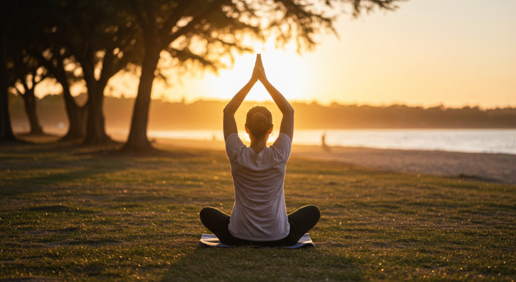 essoa meditando ou fazendo yoga em um ambiente tranquilo.