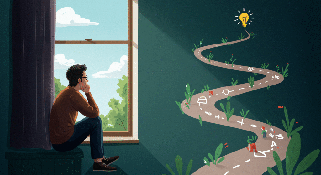 Pessoa pensativa olhando pela janela ou gráfico de caminho com lições.