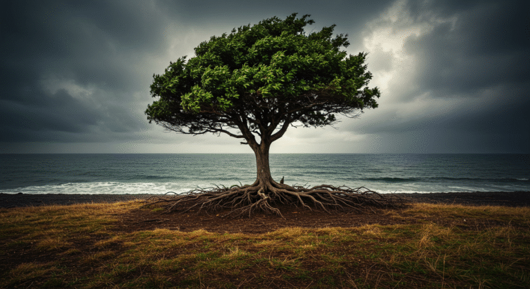 Árvore com raízes fortes resistindo a uma tempestade.