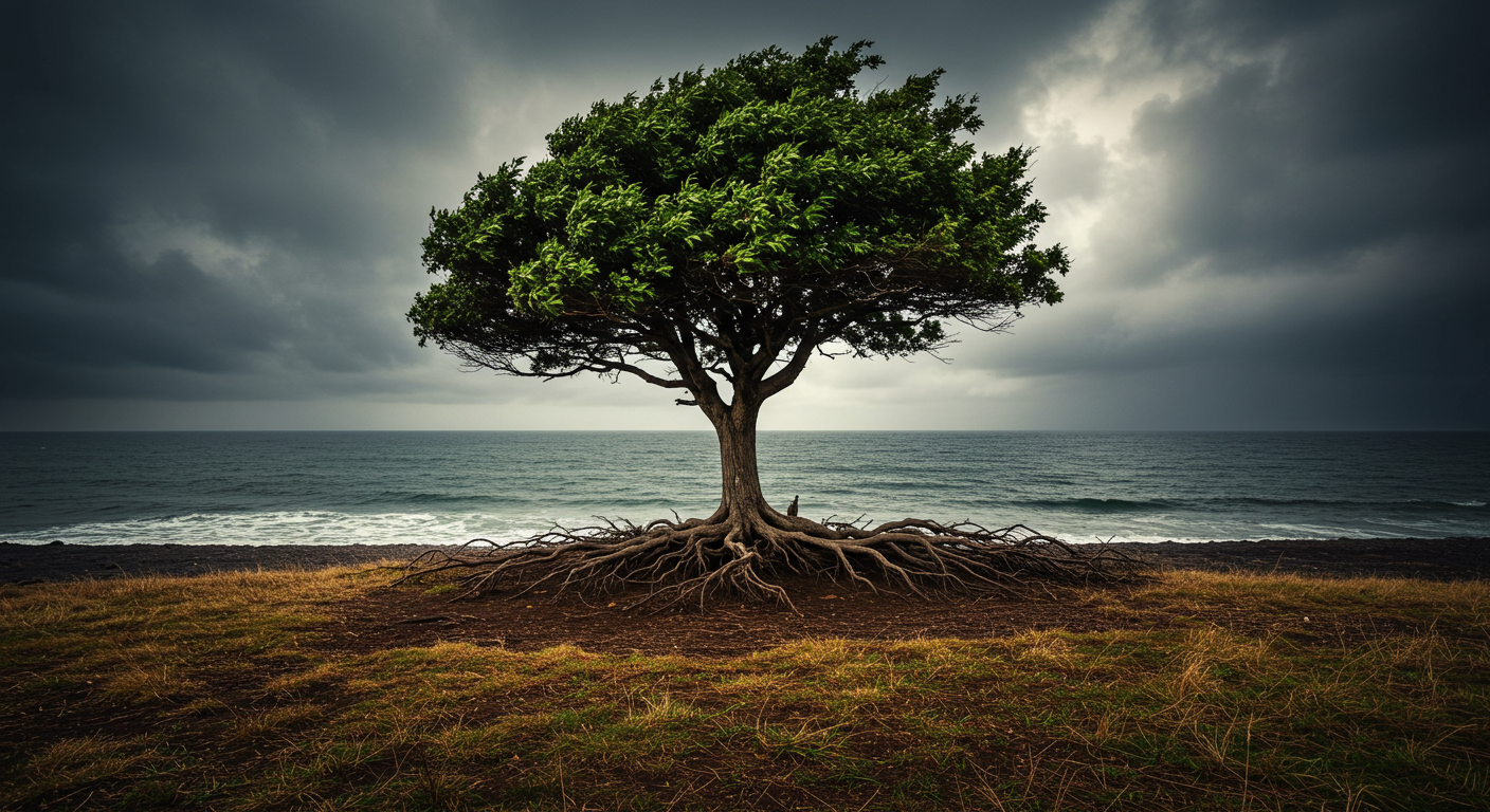 Árvore com raízes fortes resistindo a uma tempestade.