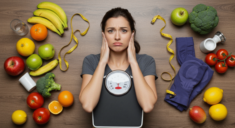 Mulher confusa, proxima a uma baanca e itens de emegrecimento