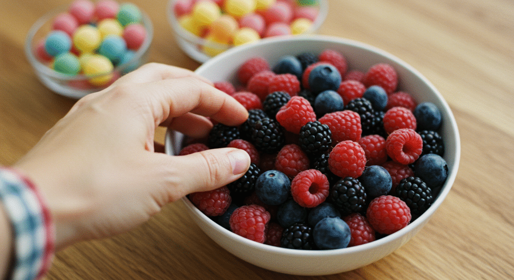 Mão pegando frutas vermelhas de uma tigela.