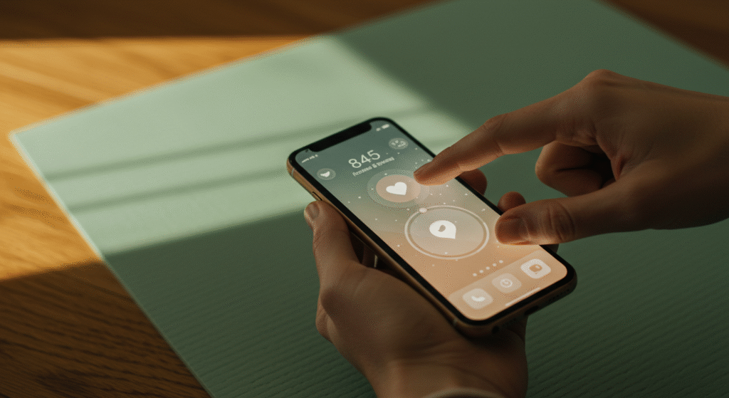 Pessoa monitorando saúde com smartwatch e smartphone, usando aplicativo de bem-estar.