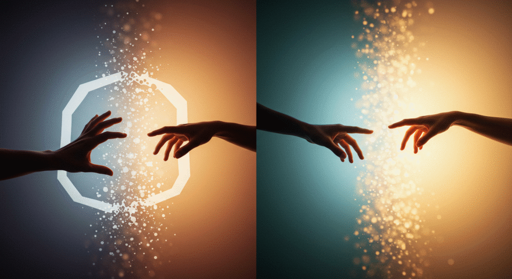 Imagem conceitual de formas rígidas se transformando em luz ou formas orgânicas, representando a transição da dieta para o bem-estar.