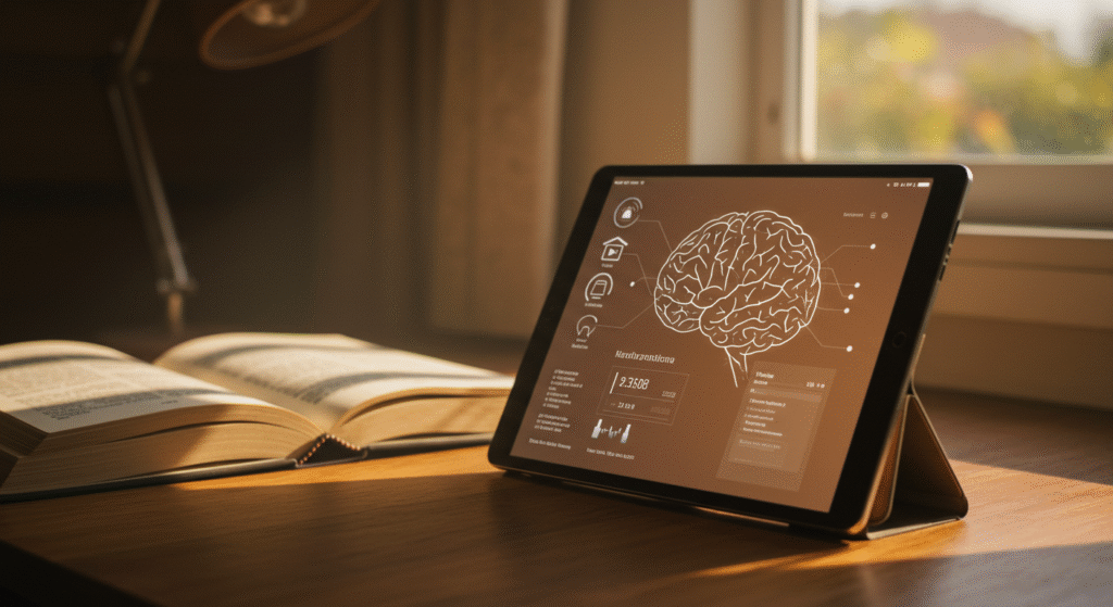 Tablet exibindo curso online, representando aprendizado facilitado por IA.