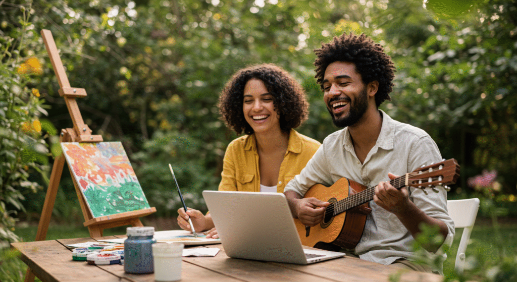 Pessoa feliz praticando hobby offline, como pintura ou jardinagem.