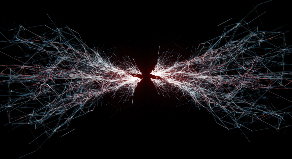 Imagem abstrata com linhas digitais fragmentadas, simbolizando desconexão ou interrupção de rede.