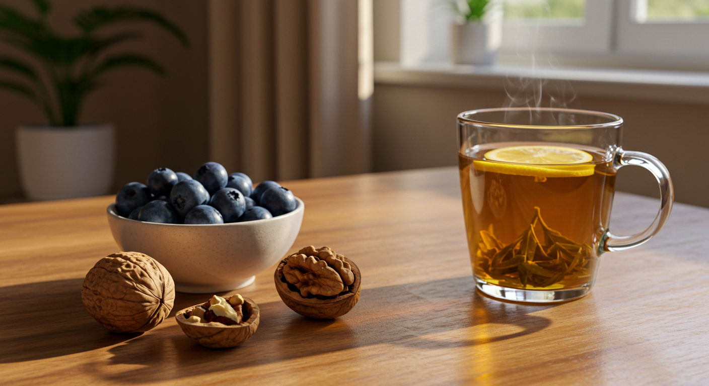 Uma seleção de alimentos para nutrição para o cérebro como nozes, mirtilos e chá verde em uma mesa de madeira.