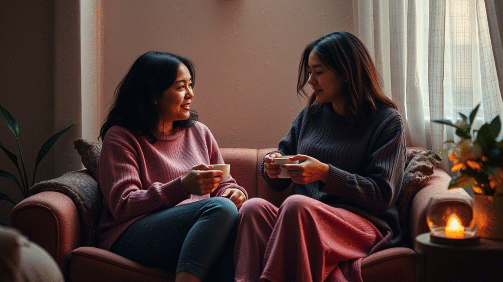 Duas mulheres compartilhando um momento reconfortante, simbolizando apoio durante a menstruação.