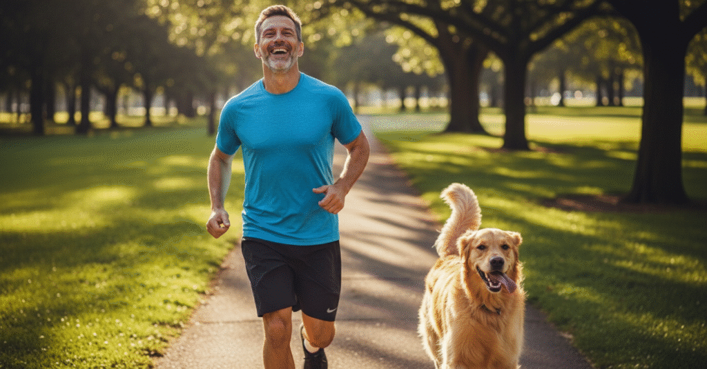Homem de meia-idade rindo enquanto corre em um parque com seu cachorro, simbolizando os benefícios para a saúde física.