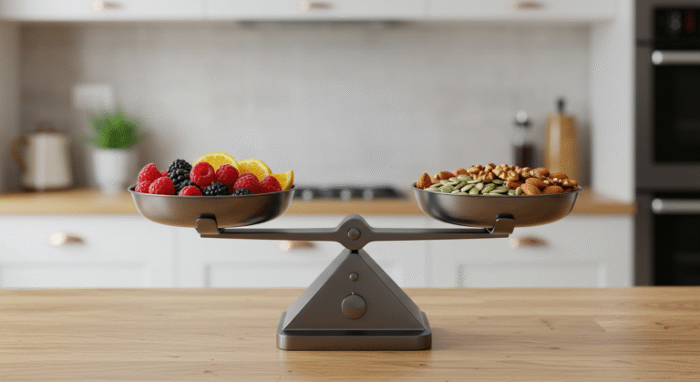 Balança moderna e minimalista equilibrando frutas e nozes em uma cozinha, simbolizando balanço na alimentação.