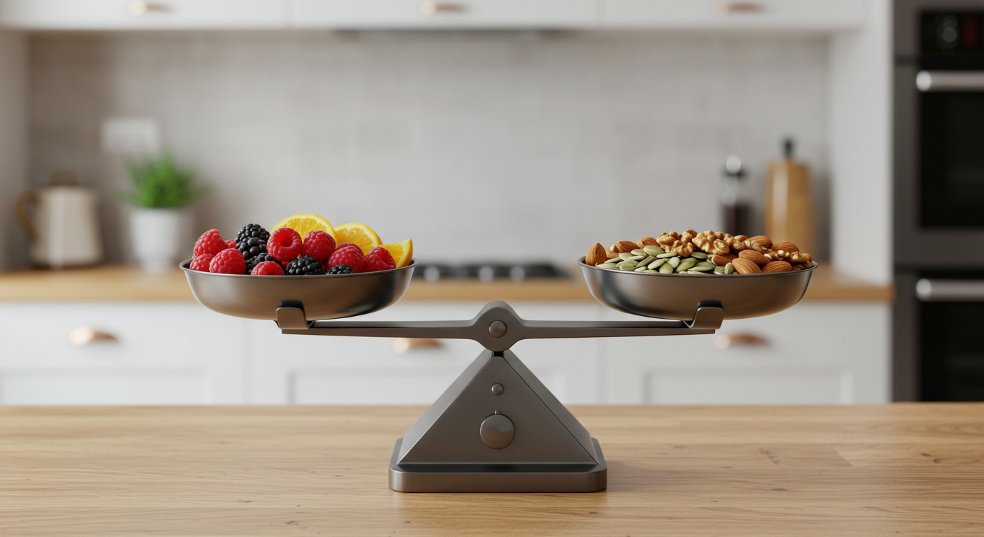 Balança moderna e minimalista equilibrando frutas e nozes em uma cozinha, simbolizando balanço na alimentação.