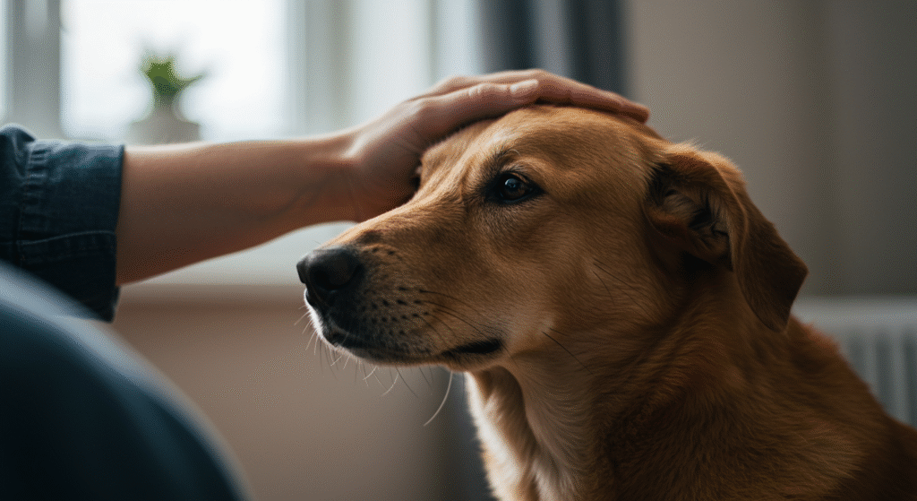Mão humana tocando a cabeça de um cachorro, simbolizando suporte emocional e benefícios de ter um pet.