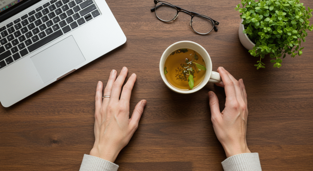 Mãos em repouso em uma mesa de trabalho com chá e planta, indicando um momento de pausa.