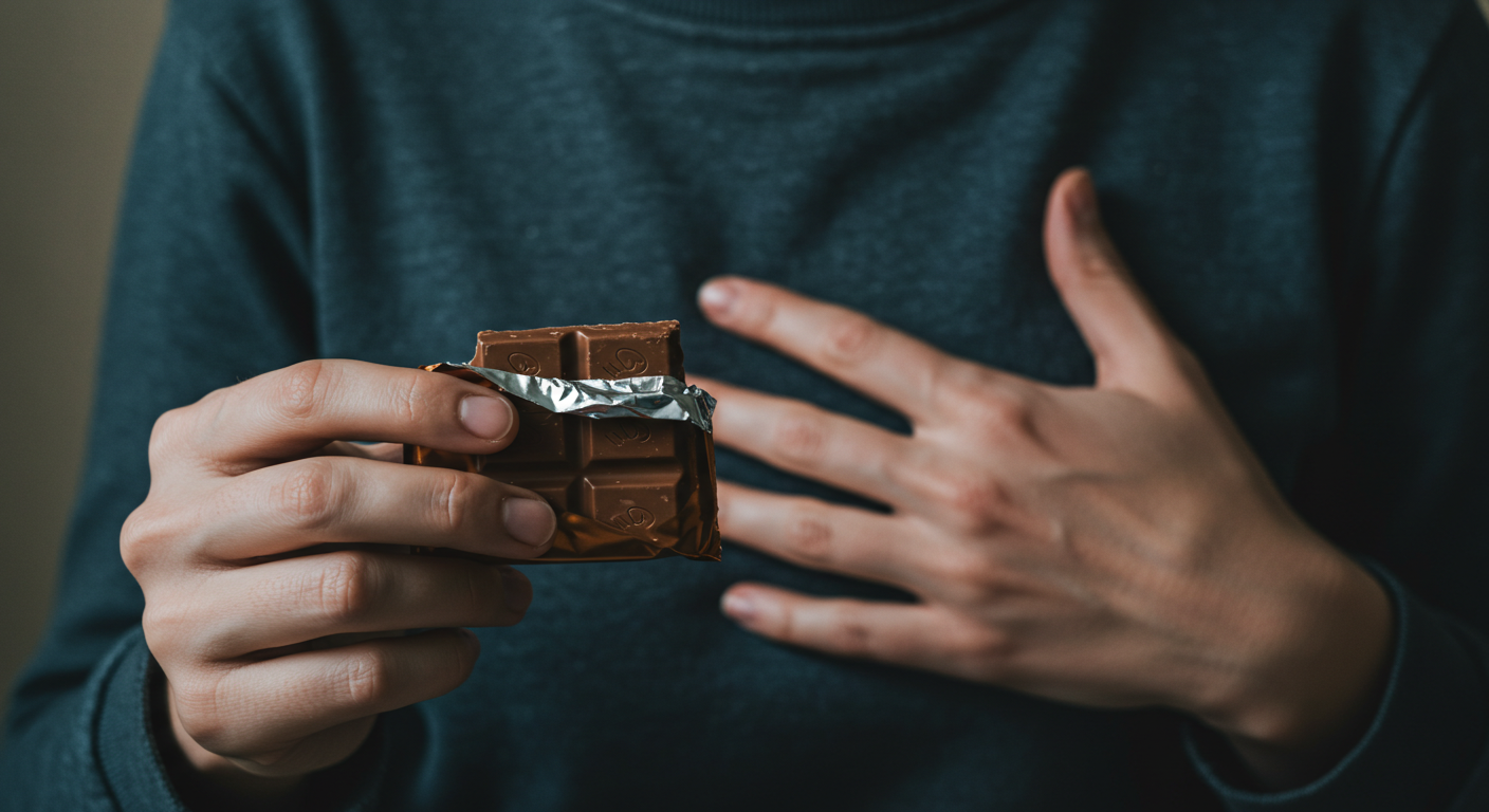Mãos segurando um doce e tocando o peito, simbolizando a fome emocional e a conexão com as emoções.