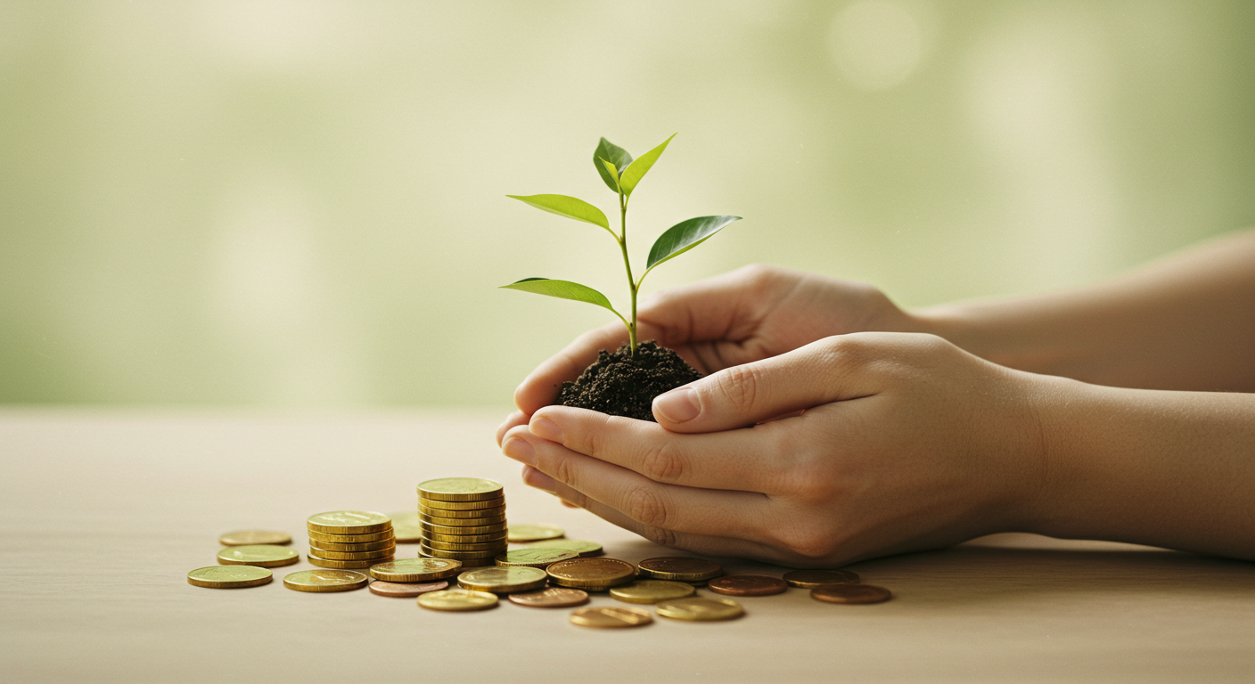 Mãos segurando uma planta crescendo de moedas, representando resiliência financeira e crescimento.