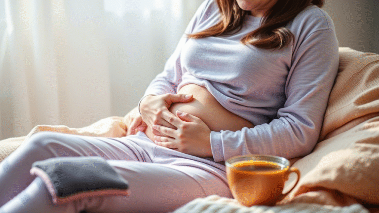Pessoa com bolsa de água quente na parte inferior do abdômen, sugerindo alívio de cólicas menstruais.