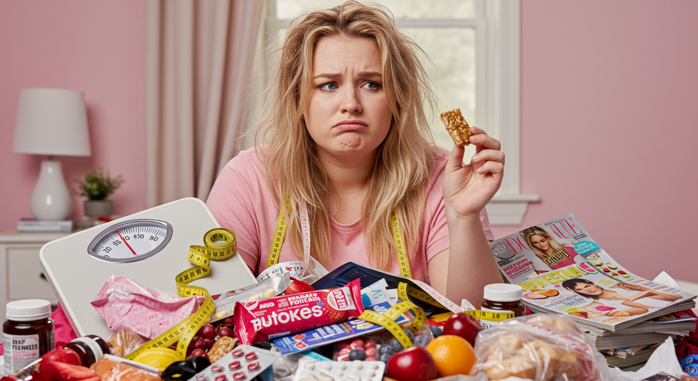 Mulher tentando encher balde furado, simbolizando erros que sabotam o emagrecimento.