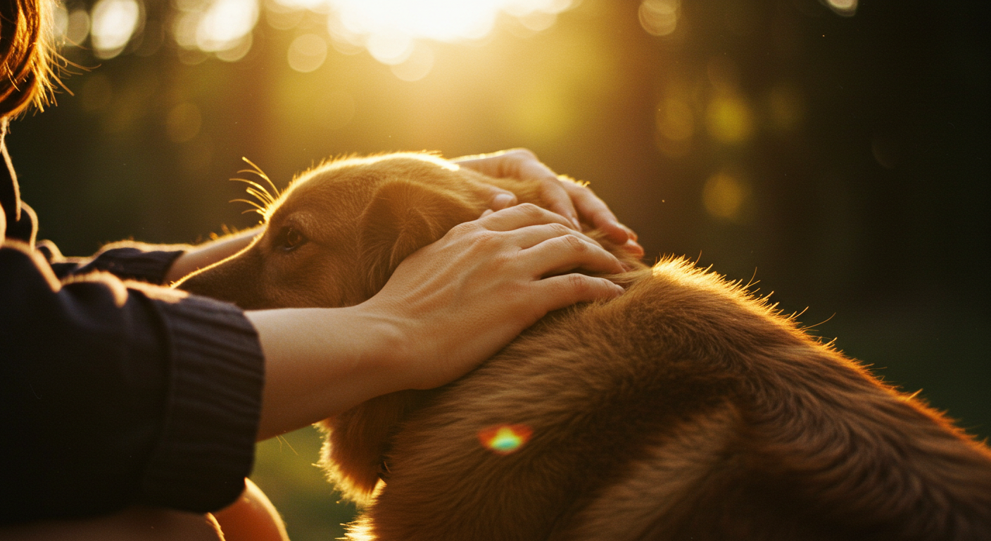 Pessoa acariciando um cachorro, mostrando benefícios de ter um pet.