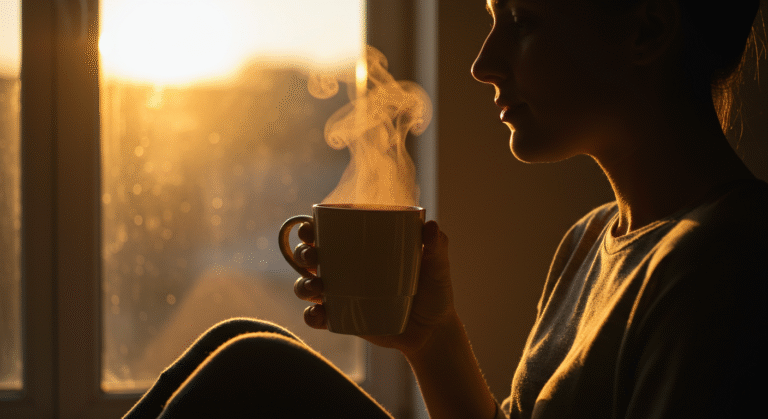Pessoa desfrutando de uma manhã calma e ensolarada com café, representando uma rotina matinal transformadora.